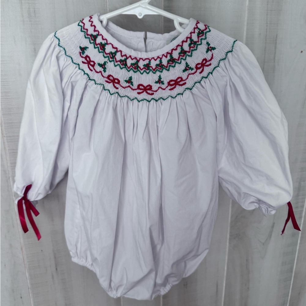 White Smocked Baby Bubble Romper with Pink and Green Embroidery